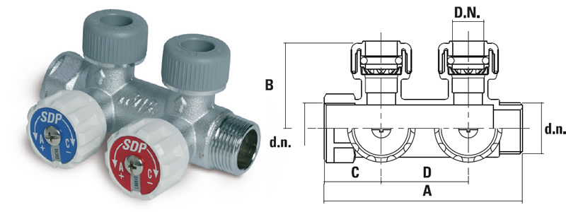 Rozdzielacz mosiężny 2 portowy z zaworami 90˚ Rozdzielacz mosiężny 2 portowy z zaworami 90˚