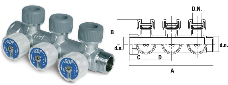 Rozdzielacz mosiężny 3 portowy z zaworami 90˚ Rozdzielacz mosiężny 3 portowy z zaworami 90˚